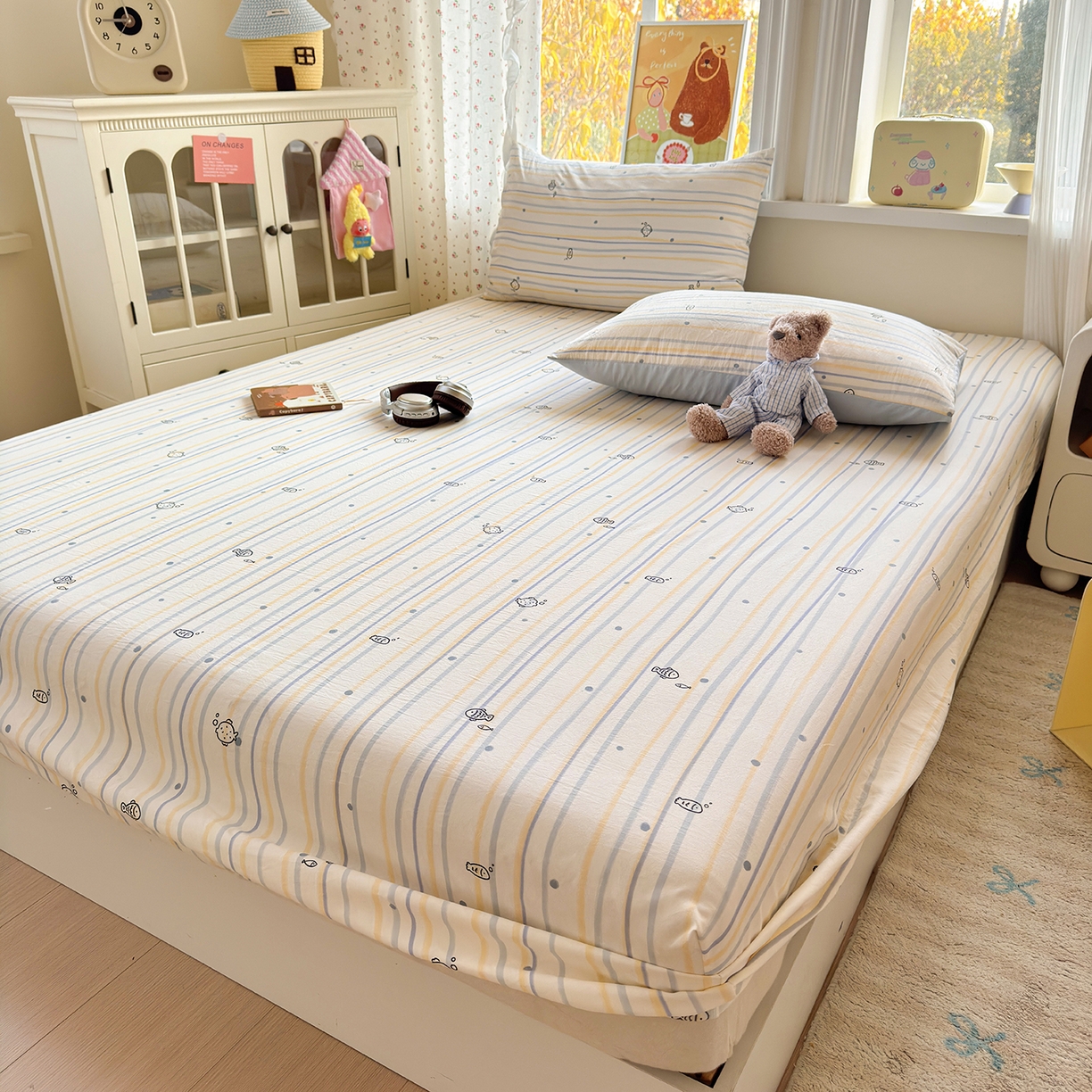 91家纺网 家纺一手货源 找家纺 沐芷 2026 【提供买家秀】古法水洗仿棉床笠席梦思床罩床垫防滑床套罩床笠三件套 漫游小鱼