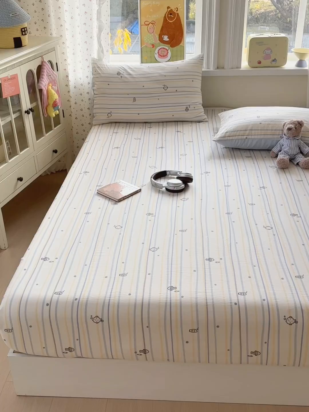 91家纺网 家纺一手货源 找家纺 沐芷 2026 【提供买家秀】古法水洗仿棉床笠席梦思床罩床垫防滑床套罩床笠三件套 漫游小鱼