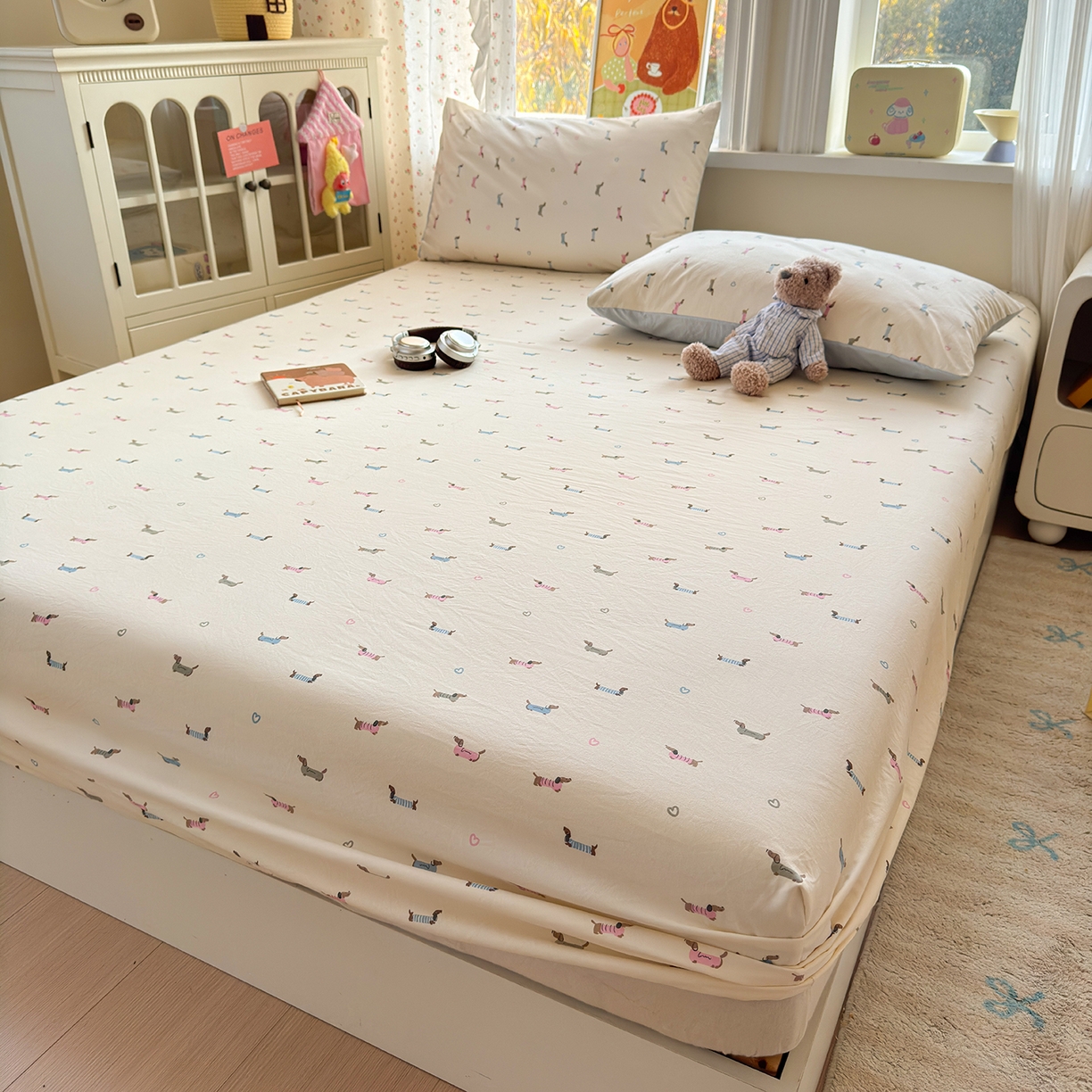 91家纺网 家纺一手货源 找家纺 沐芷 2026 【提供买家秀】古法水洗仿棉床笠席梦思床罩床垫防滑床套罩床笠三件套 萌犬游记