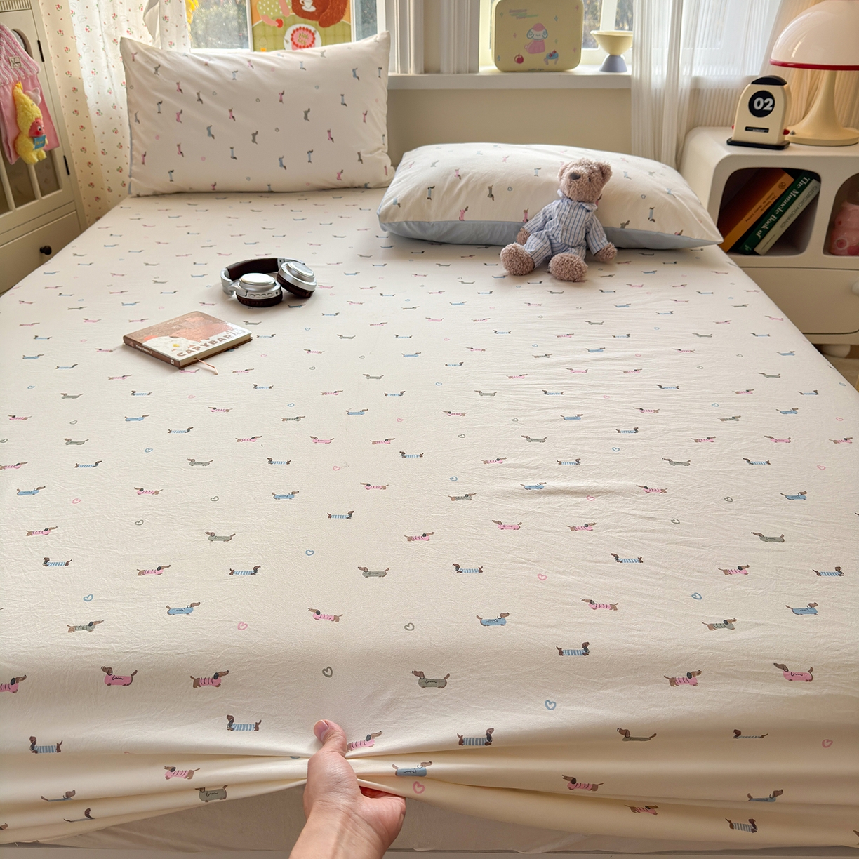 91家纺网 家纺一手货源 找家纺 沐芷 2026 【提供买家秀】古法水洗仿棉床笠席梦思床罩床垫防滑床套罩床笠三件套 萌犬游记