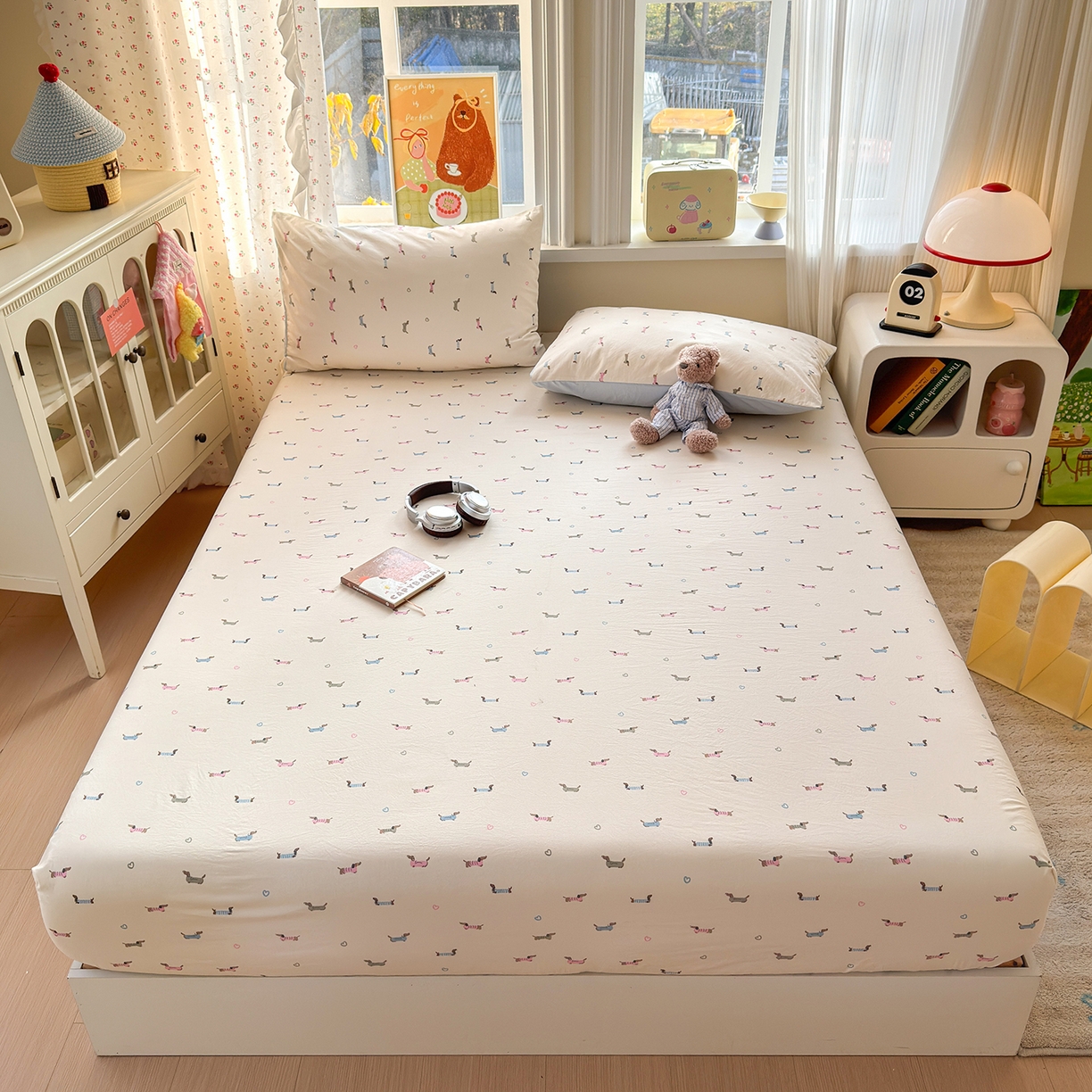 91家纺网 家纺一手货源 找家纺 沐芷 2026 【提供买家秀】古法水洗仿棉床笠席梦思床罩床垫防滑床套罩床笠三件套 萌犬游记