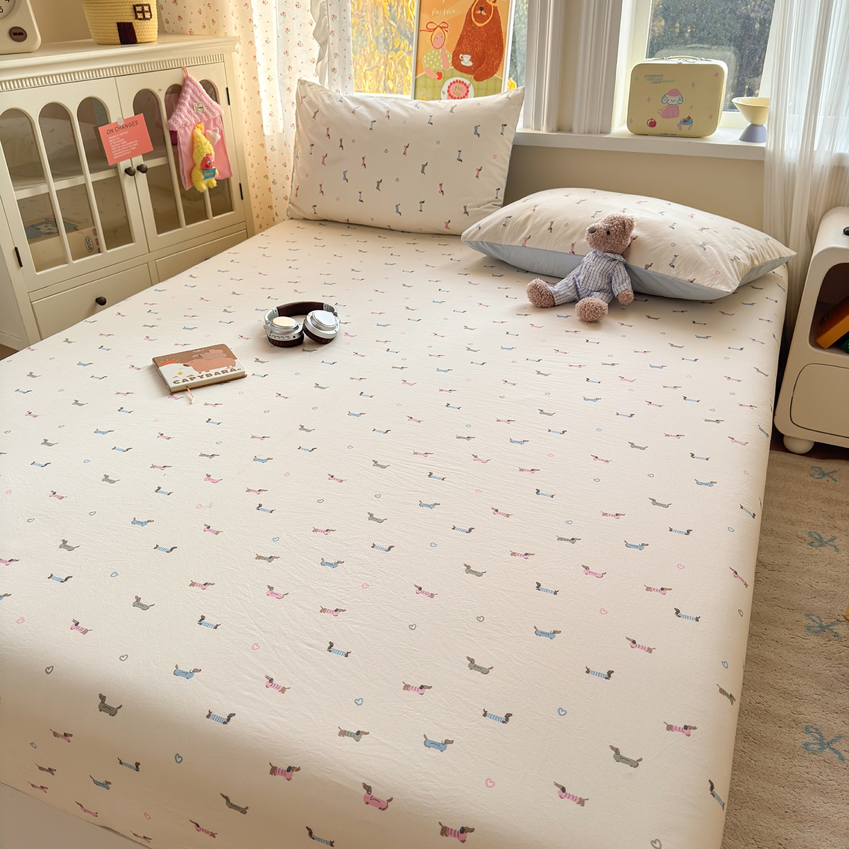 91家纺网 家纺一手货源 找家纺 沐芷 2026 【提供买家秀】古法水洗仿棉床笠席梦思床罩床垫防滑床套罩床笠三件套 萌犬游记