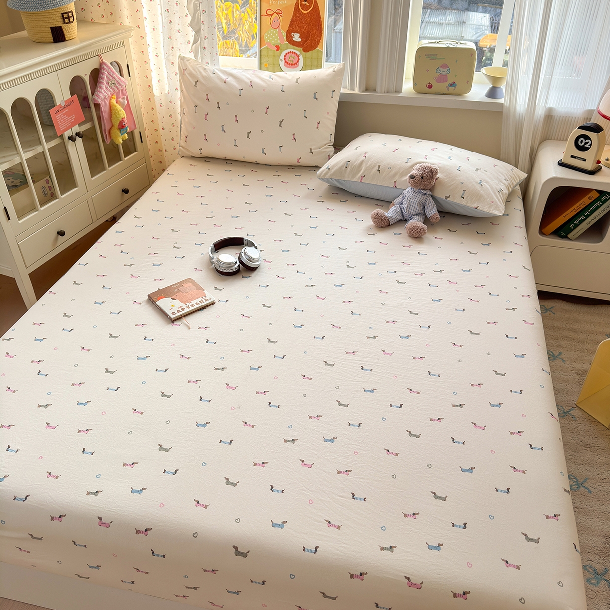 91家纺网 家纺一手货源 找家纺 沐芷 2026 【提供买家秀】古法水洗仿棉床笠席梦思床罩床垫防滑床套罩床笠三件套 萌犬游记