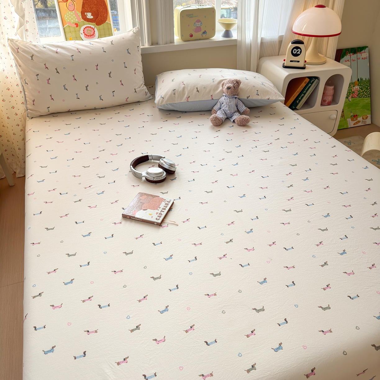 91家纺网 家纺一手货源 找家纺 沐芷 2026 【提供买家秀】古法水洗仿棉床笠席梦思床罩床垫防滑床套罩床笠三件套 萌犬游记