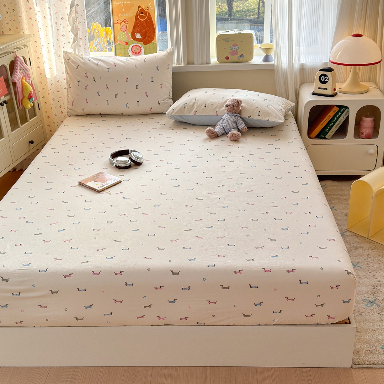 91家纺网 家纺一手货源 找家纺 沐芷 2026 【提供买家秀】古法水洗仿棉床笠席梦思床罩床垫防滑床套罩床笠三件套 萌犬游记