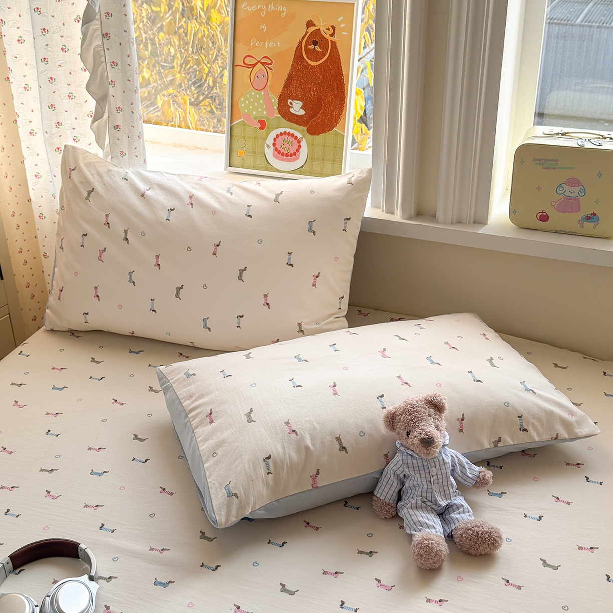 91家纺网 家纺一手货源 找家纺 沐芷 2026 【提供买家秀】古法水洗仿棉床笠席梦思床罩床垫防滑床套罩床笠三件套 萌犬游记