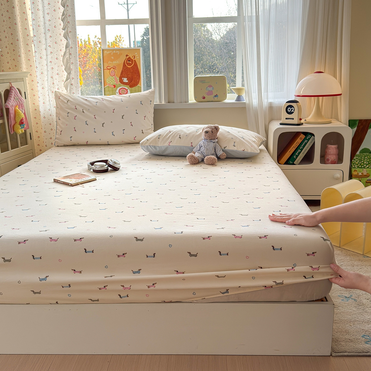 91家纺网 家纺一手货源 找家纺 沐芷 2026 【提供买家秀】古法水洗仿棉床笠席梦思床罩床垫防滑床套罩床笠三件套 萌犬游记