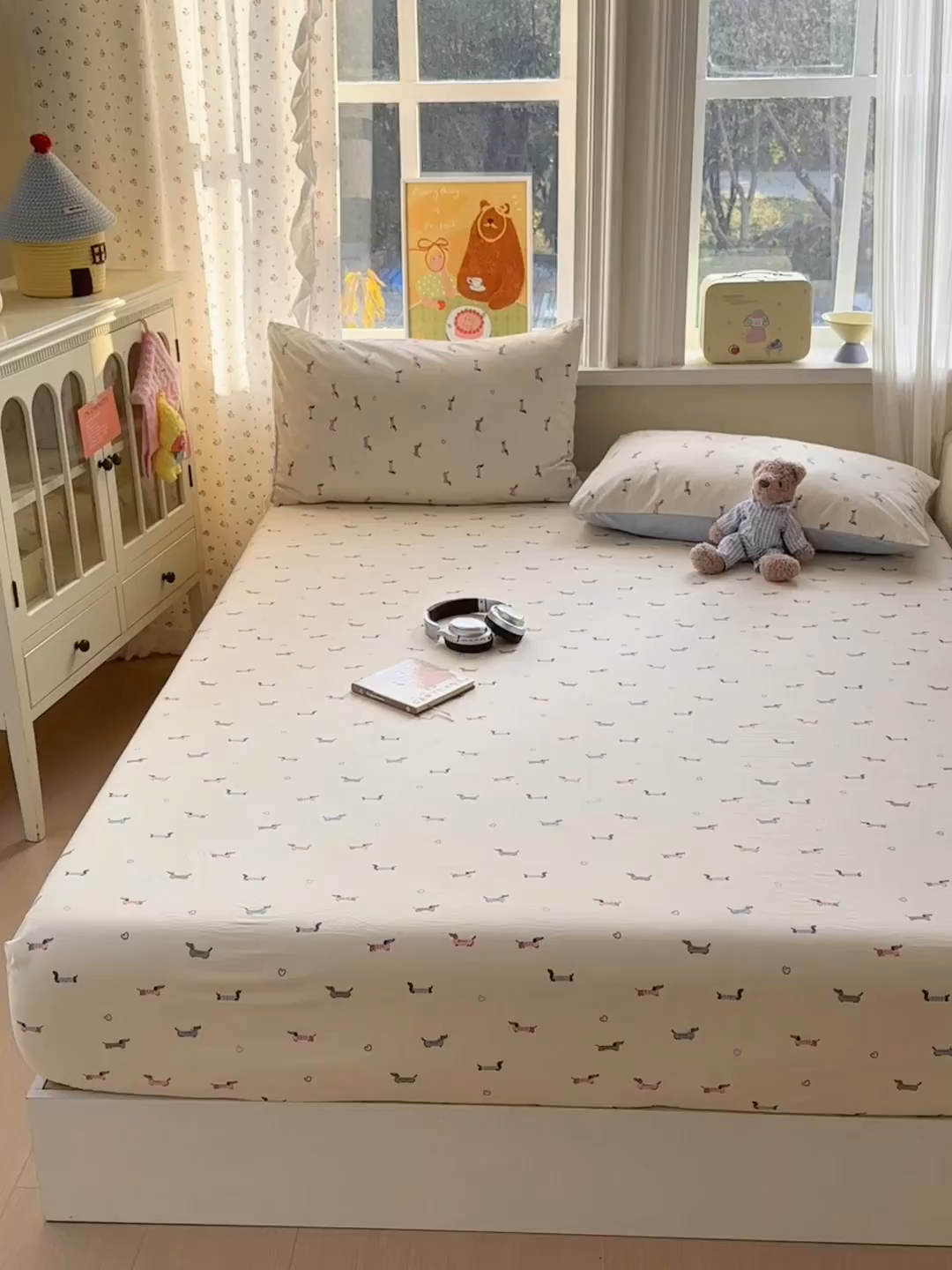 91家纺网 家纺一手货源 找家纺 沐芷 2026 【提供买家秀】古法水洗仿棉床笠席梦思床罩床垫防滑床套罩床笠三件套 萌犬游记