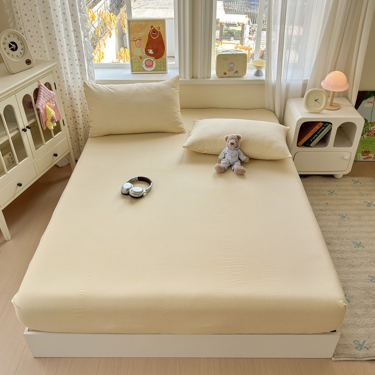 91家纺网 家纺一手货源 找家纺 沐芷 2026 【提供买家秀】古法水洗仿棉床笠席梦思床罩床垫防滑床套罩床笠三件套 迷你格-黄