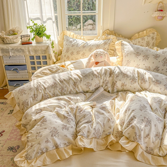 91家纺网 家纺一手货源 找家纺 （总）柒月家居 2026新款韩系仿棉小格花边四件套