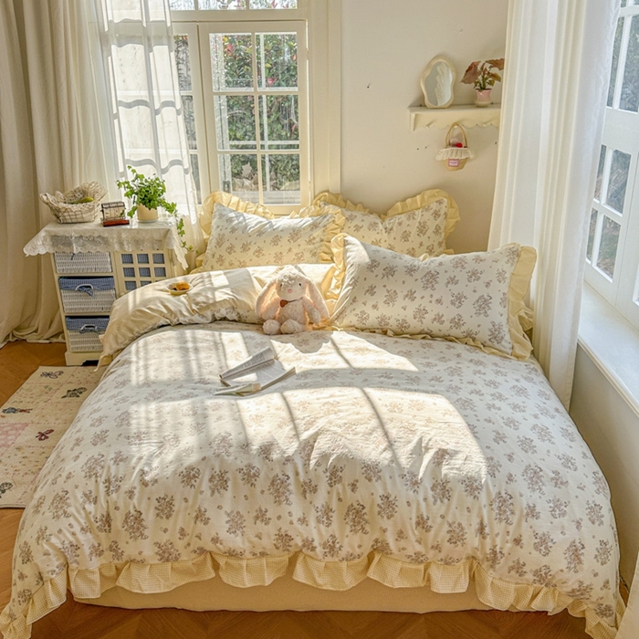 91家纺网 家纺一手货源 找家纺 （总）柒月家居 2026新款韩系仿棉小格花边四件套