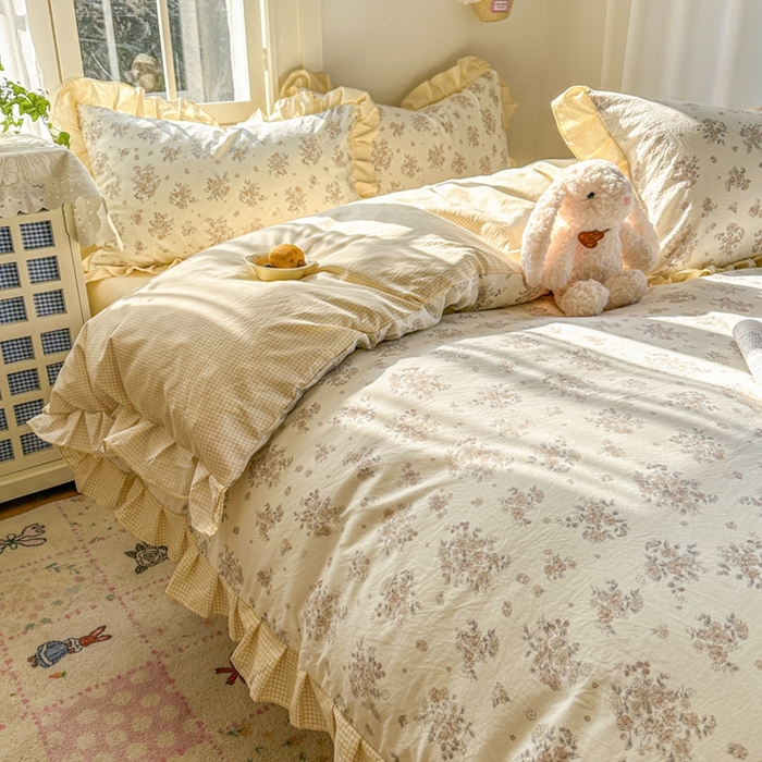 91家纺网 家纺一手货源 找家纺 （总）柒月家居 2026新款韩系仿棉小格花边四件套