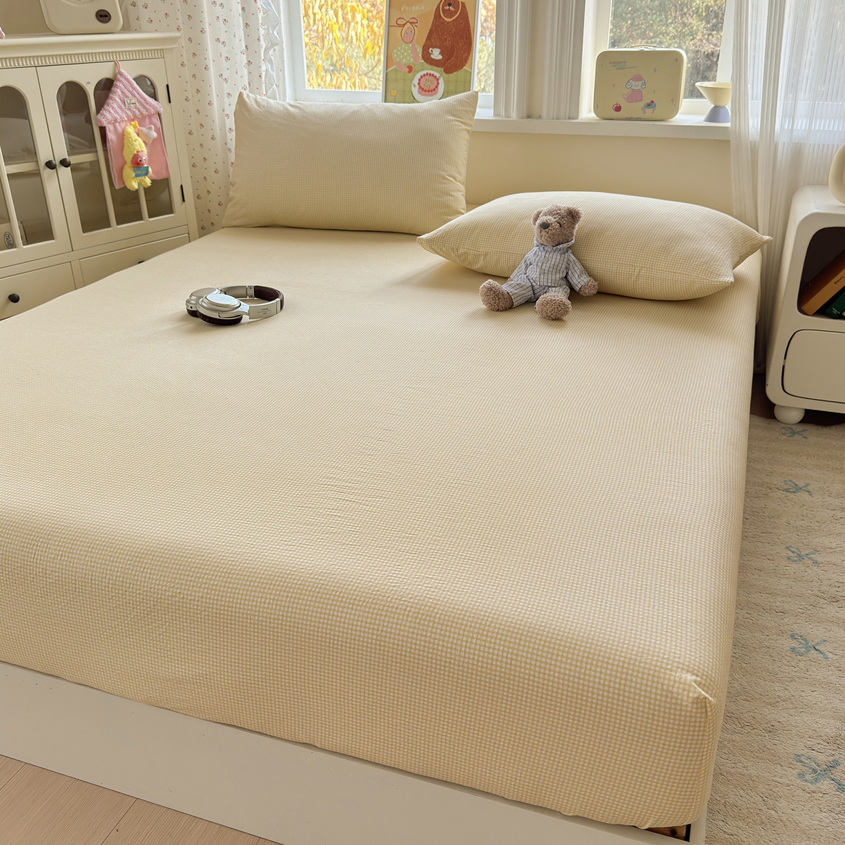 91家纺网 家纺一手货源 找家纺 沐芷 2026 【提供买家秀】古法水洗仿棉床笠席梦思床罩床垫防滑床套罩床笠三件套 迷你格-黄