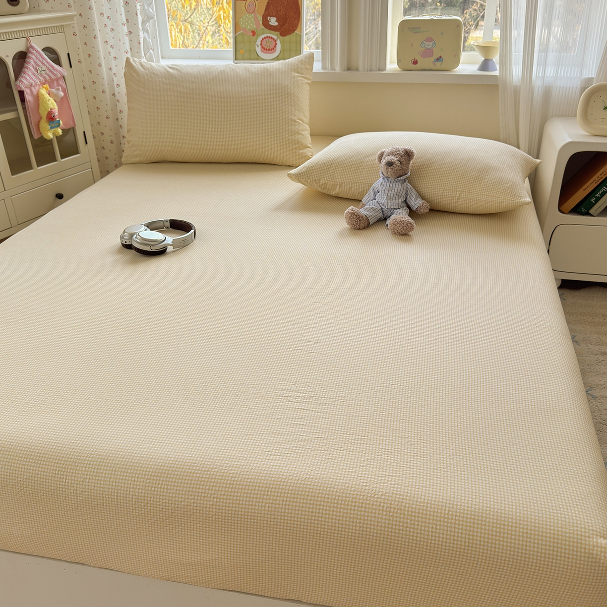 91家纺网 家纺一手货源 找家纺 沐芷 2026 【提供买家秀】古法水洗仿棉床笠席梦思床罩床垫防滑床套罩床笠三件套 迷你格-黄