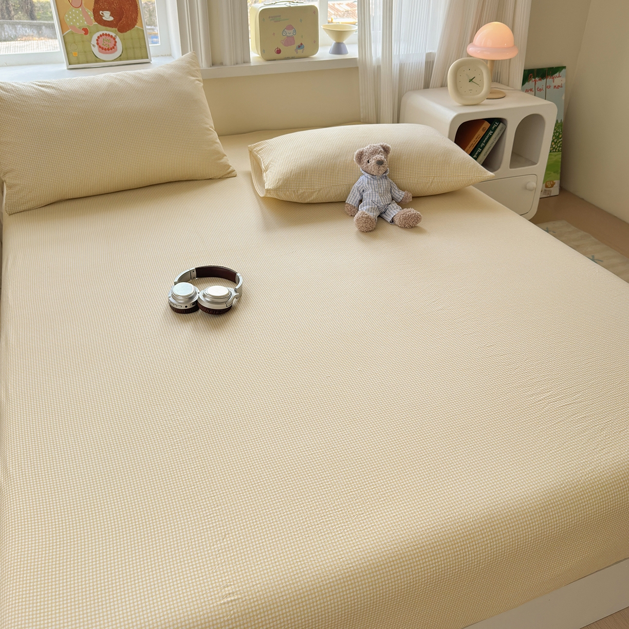 91家纺网 家纺一手货源 找家纺 沐芷 2026 【提供买家秀】古法水洗仿棉床笠席梦思床罩床垫防滑床套罩床笠三件套 迷你格-黄