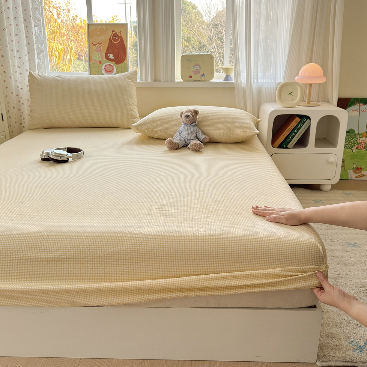 91家纺网 家纺一手货源 找家纺 沐芷 2026 【提供买家秀】古法水洗仿棉床笠席梦思床罩床垫防滑床套罩床笠三件套 迷你格-黄