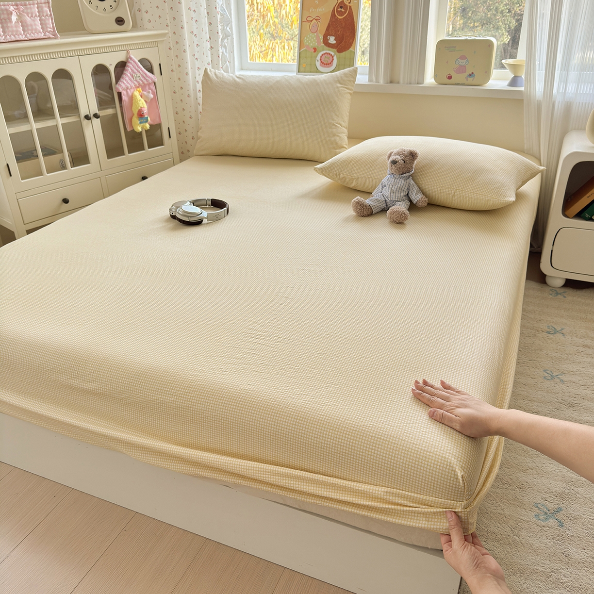 91家纺网 家纺一手货源 找家纺 沐芷 2026 【提供买家秀】古法水洗仿棉床笠席梦思床罩床垫防滑床套罩床笠三件套 迷你格-黄