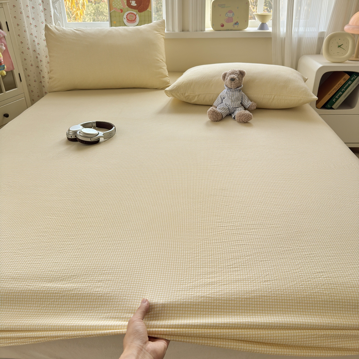 91家纺网 家纺一手货源 找家纺 沐芷 2026 【提供买家秀】古法水洗仿棉床笠席梦思床罩床垫防滑床套罩床笠三件套 迷你格-黄