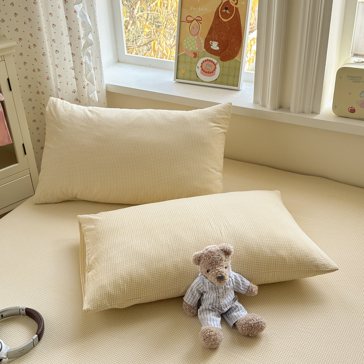 91家纺网 家纺一手货源 找家纺 沐芷 2026 【提供买家秀】古法水洗仿棉床笠席梦思床罩床垫防滑床套罩床笠三件套 迷你格-黄