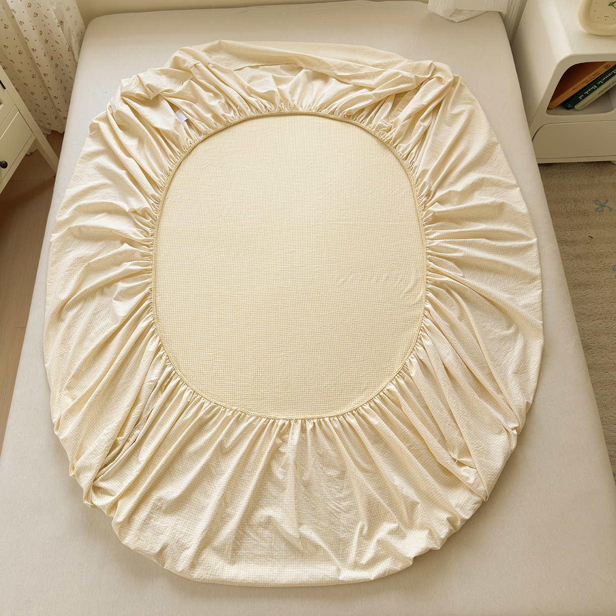 91家纺网 家纺一手货源 找家纺 沐芷 2026 【提供买家秀】古法水洗仿棉床笠席梦思床罩床垫防滑床套罩床笠三件套 迷你格-黄