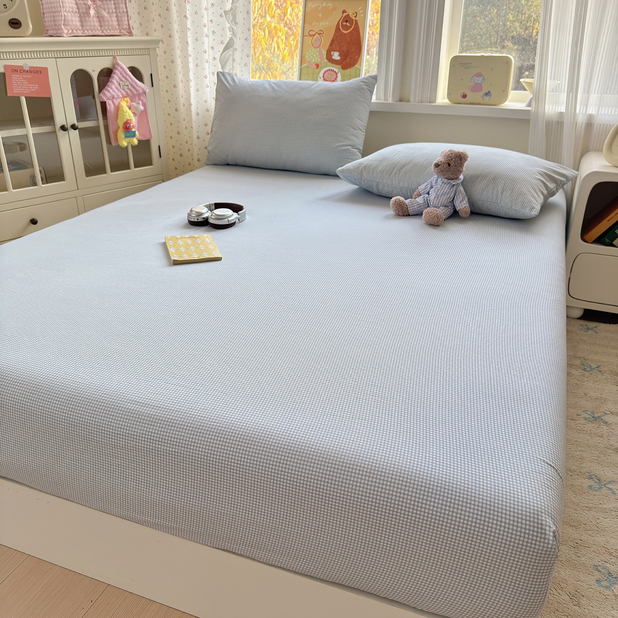 91家纺网 家纺一手货源 找家纺 沐芷 2026 【提供买家秀】古法水洗仿棉床笠席梦思床罩床垫防滑床套罩床笠三件套 迷你格-蓝