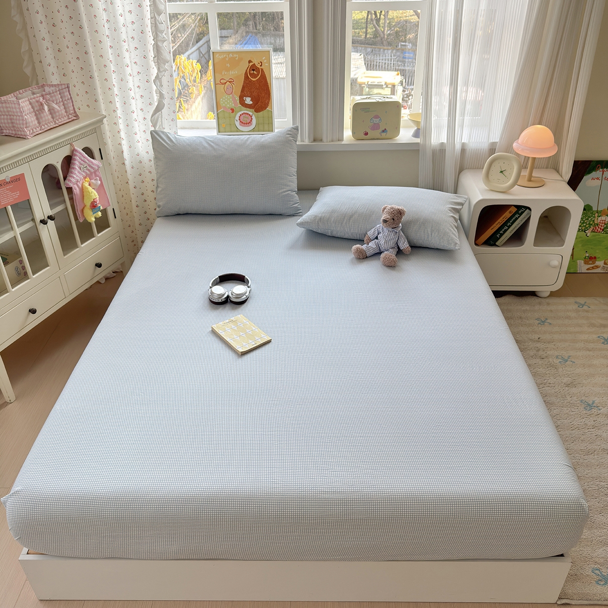 91家纺网 家纺一手货源 找家纺 沐芷 2026 【提供买家秀】古法水洗仿棉床笠席梦思床罩床垫防滑床套罩床笠三件套 迷你格-蓝