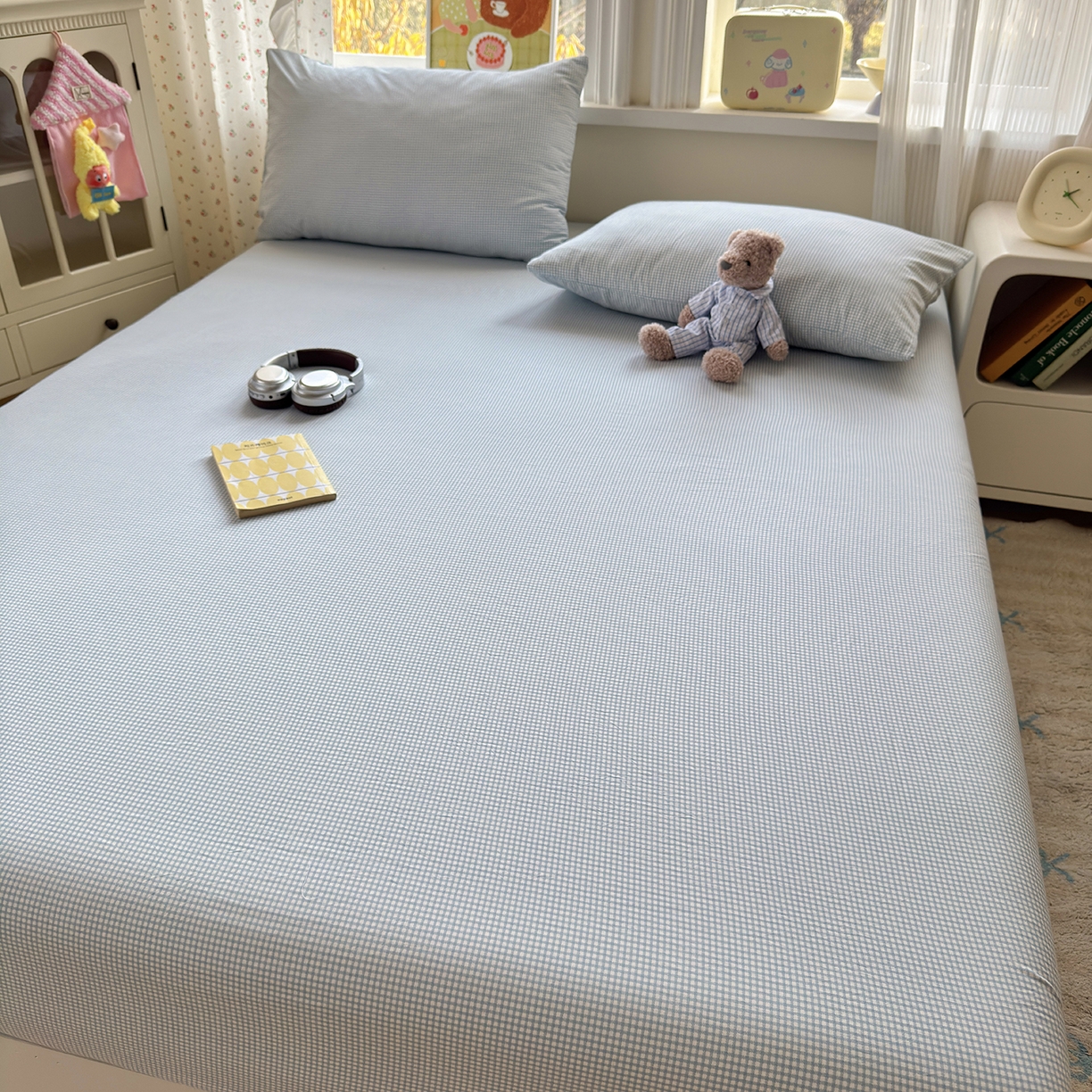 91家纺网 家纺一手货源 找家纺 沐芷 2026 【提供买家秀】古法水洗仿棉床笠席梦思床罩床垫防滑床套罩床笠三件套 迷你格-蓝