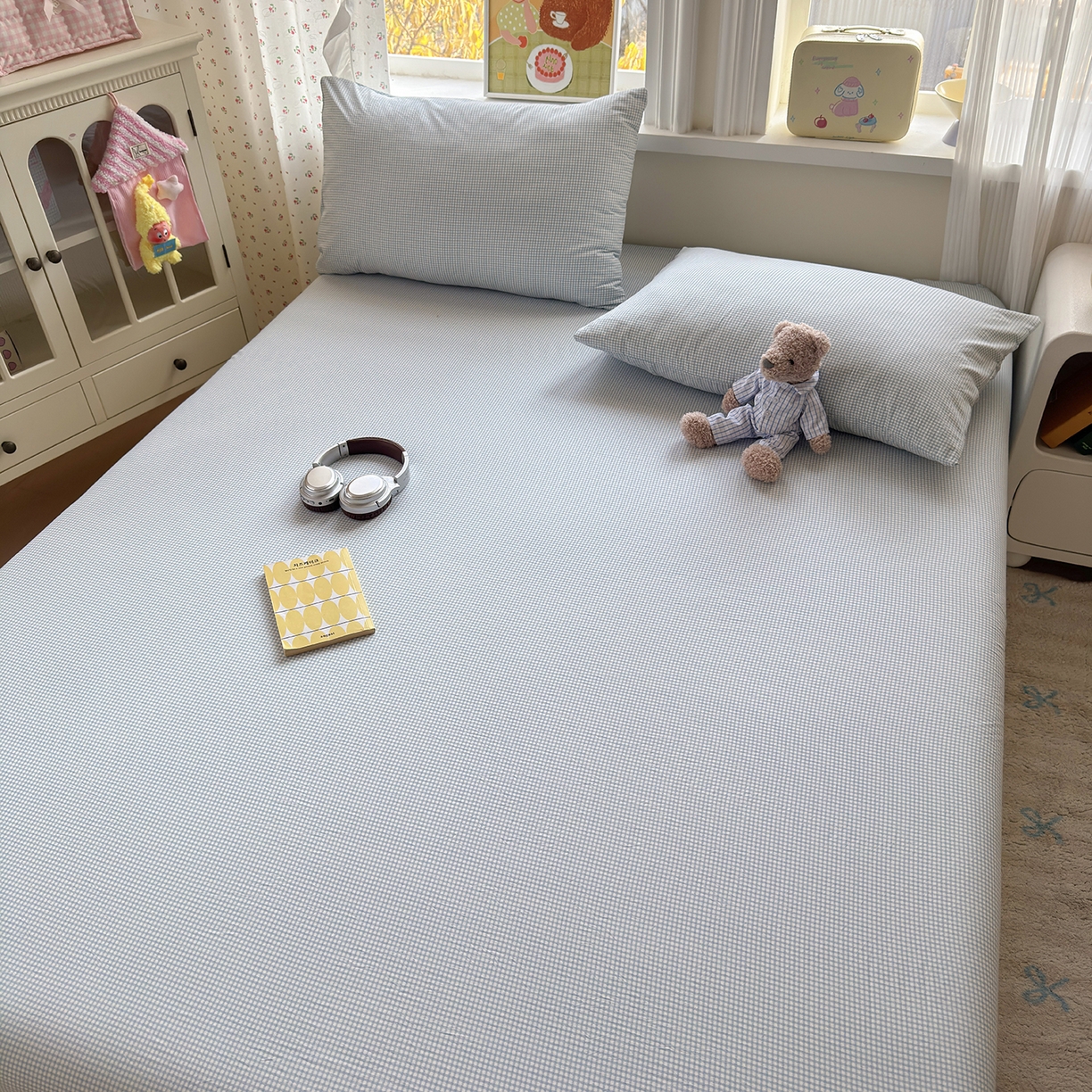 91家纺网 家纺一手货源 找家纺 沐芷 2026 【提供买家秀】古法水洗仿棉床笠席梦思床罩床垫防滑床套罩床笠三件套 迷你格-蓝