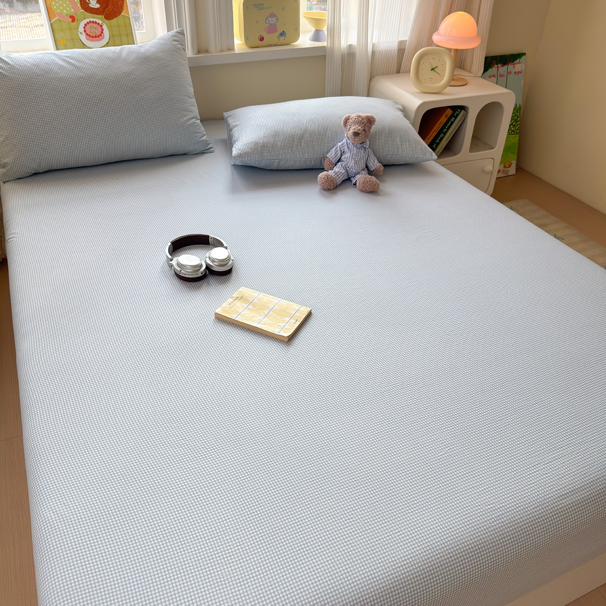 91家纺网 家纺一手货源 找家纺 沐芷 2026 【提供买家秀】古法水洗仿棉床笠席梦思床罩床垫防滑床套罩床笠三件套 迷你格-蓝