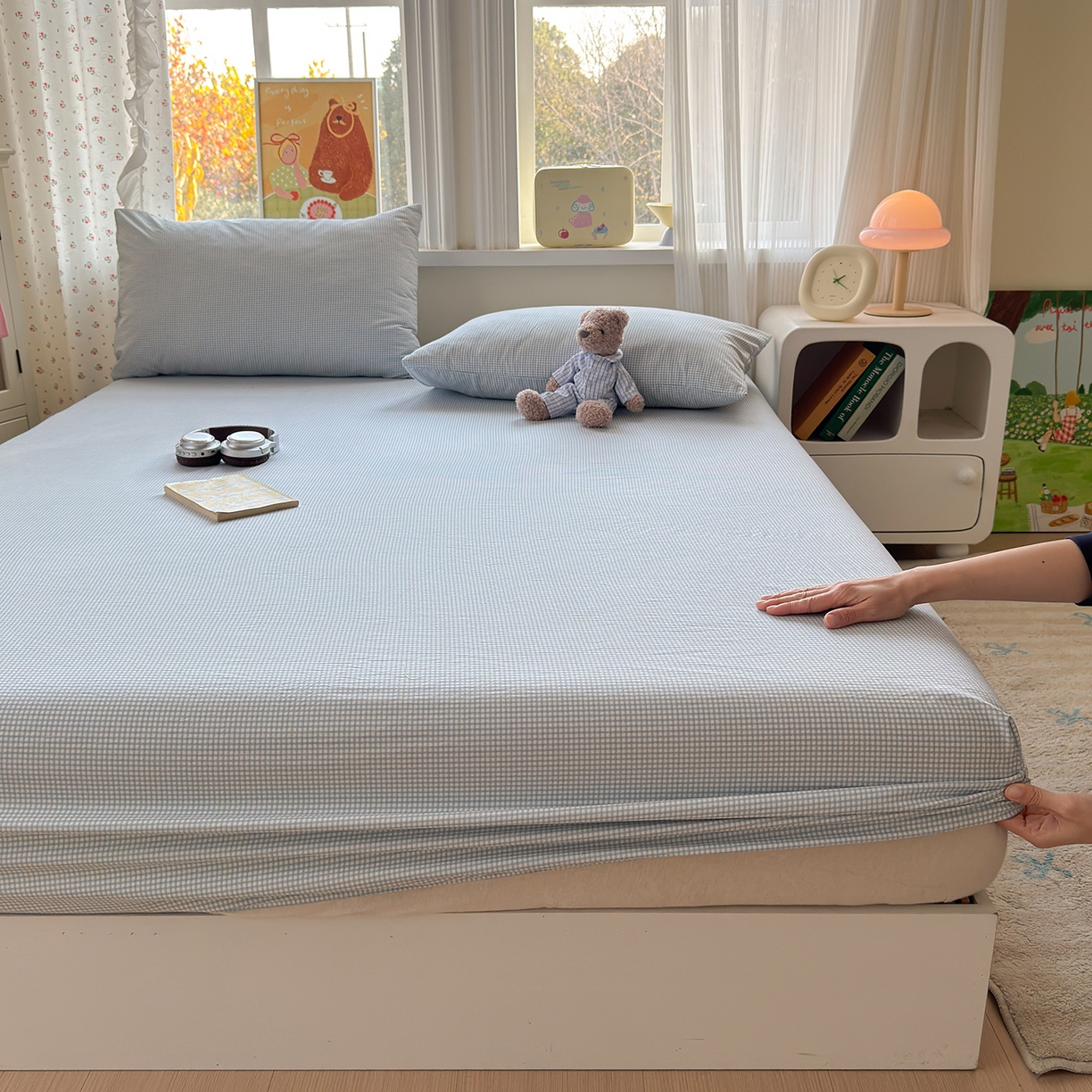 91家纺网 家纺一手货源 找家纺 沐芷 2026 【提供买家秀】古法水洗仿棉床笠席梦思床罩床垫防滑床套罩床笠三件套 迷你格-蓝