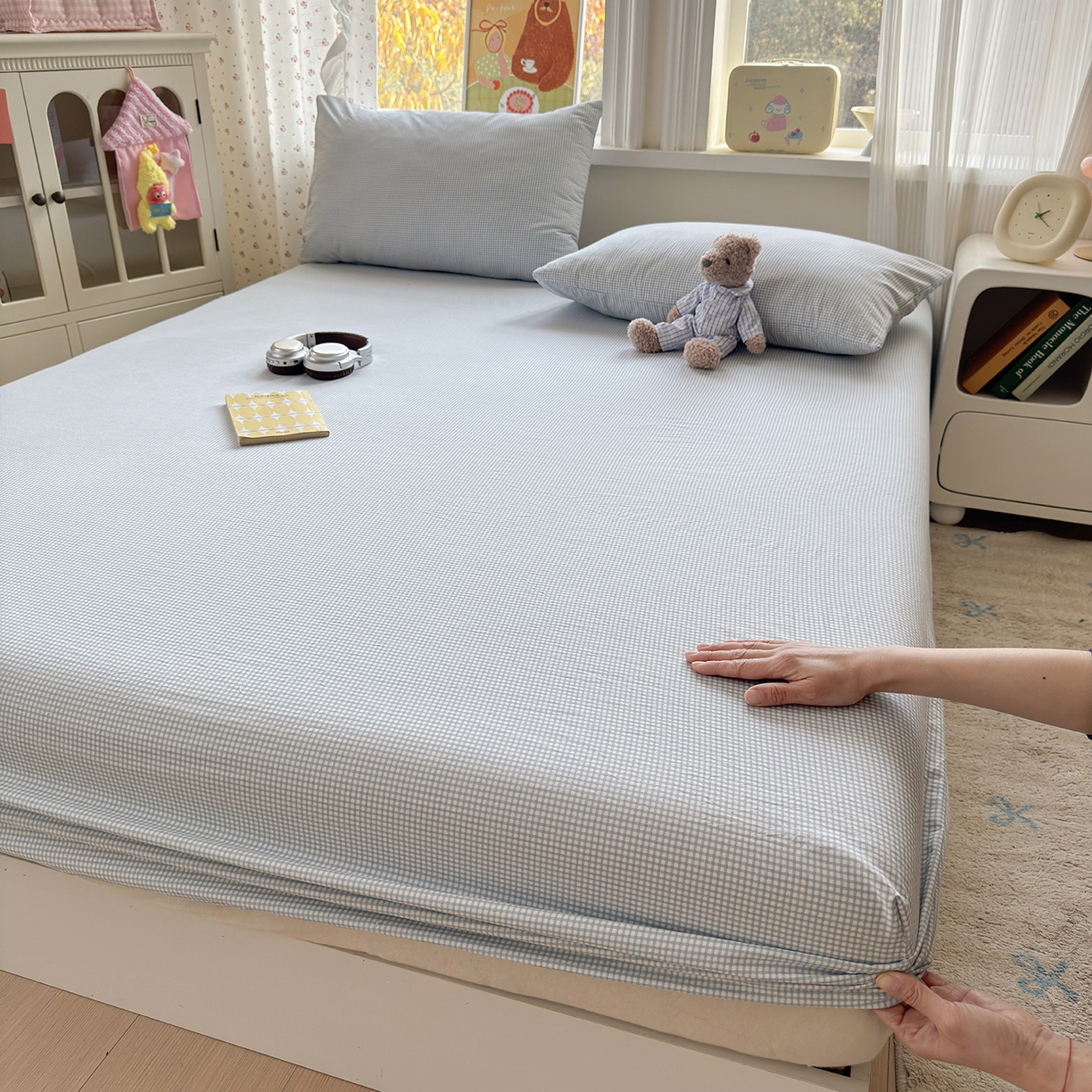 91家纺网 家纺一手货源 找家纺 沐芷 2026 【提供买家秀】古法水洗仿棉床笠席梦思床罩床垫防滑床套罩床笠三件套 迷你格-蓝