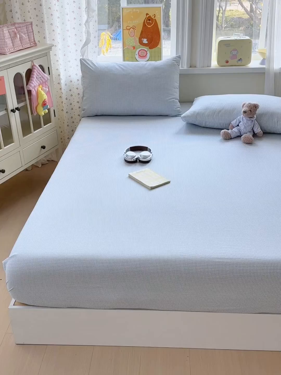 91家纺网 家纺一手货源 找家纺 沐芷 2026 【提供买家秀】古法水洗仿棉床笠席梦思床罩床垫防滑床套罩床笠三件套 迷你格-蓝