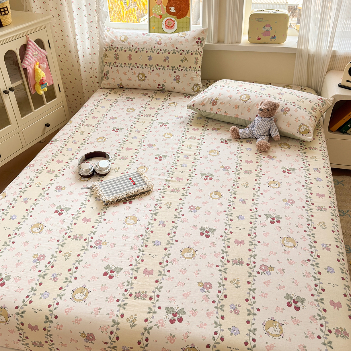 91家纺网 家纺一手货源 找家纺 沐芷 2026 【提供买家秀】古法水洗仿棉床笠席梦思床罩床垫防滑床套罩床笠三件套 奶味圆饼