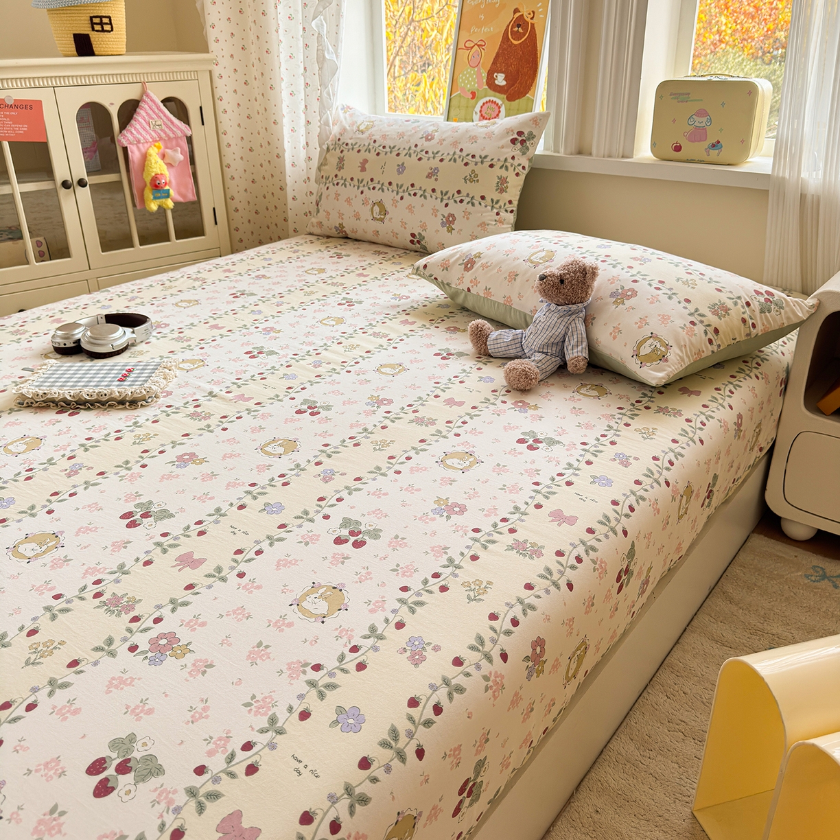 91家纺网 家纺一手货源 找家纺 沐芷 2026 【提供买家秀】古法水洗仿棉床笠席梦思床罩床垫防滑床套罩床笠三件套 奶味圆饼