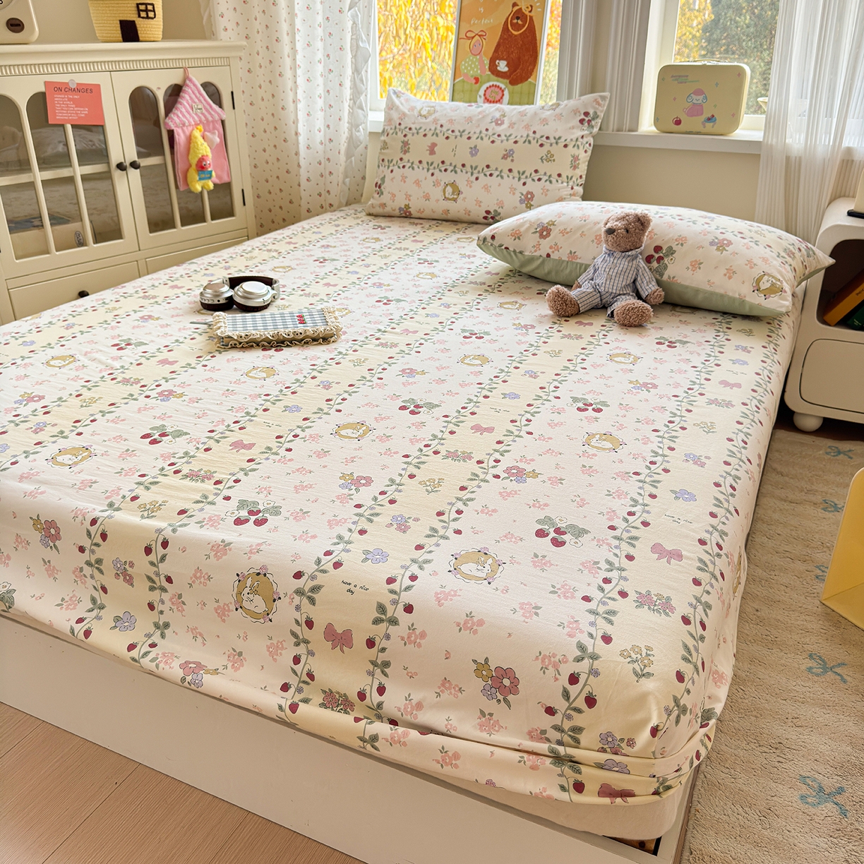 91家纺网 家纺一手货源 找家纺 沐芷 2026 【提供买家秀】古法水洗仿棉床笠席梦思床罩床垫防滑床套罩床笠三件套 奶味圆饼