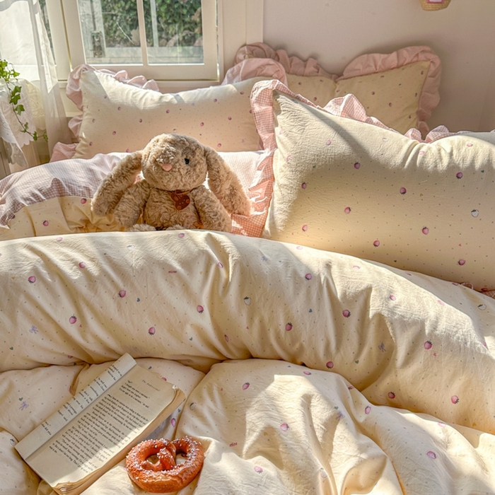 91家纺网 家纺一手货源 找家纺 柒月家居 2026新款韩系仿棉小格花边四件套 莓果