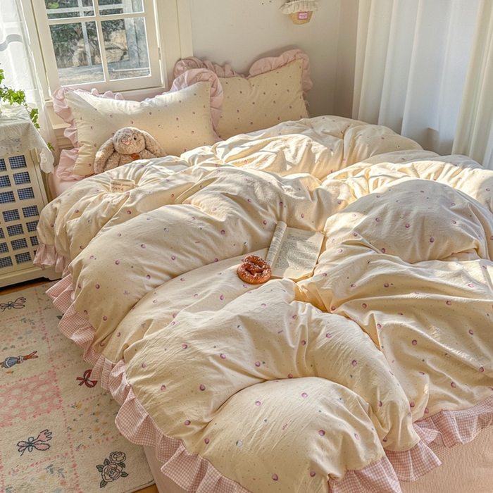 91家纺网 家纺一手货源 找家纺 柒月家居 2026新款韩系仿棉小格花边四件套 莓果