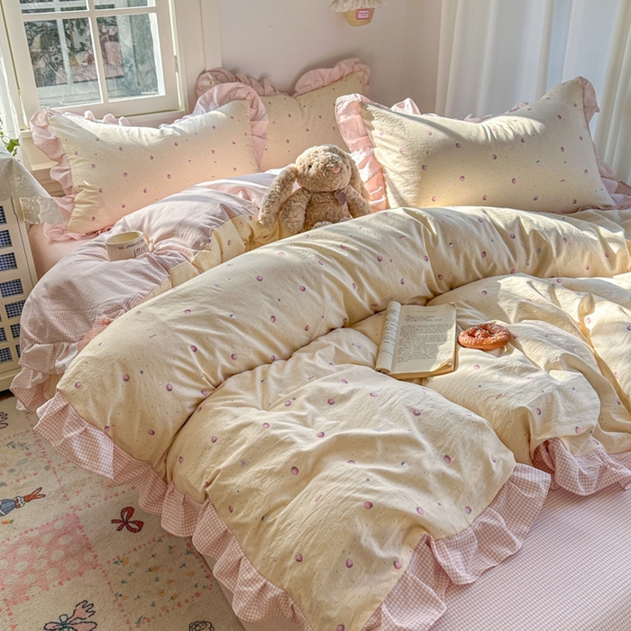 91家纺网 家纺一手货源 找家纺 柒月家居 2026新款韩系仿棉小格花边四件套 莓果