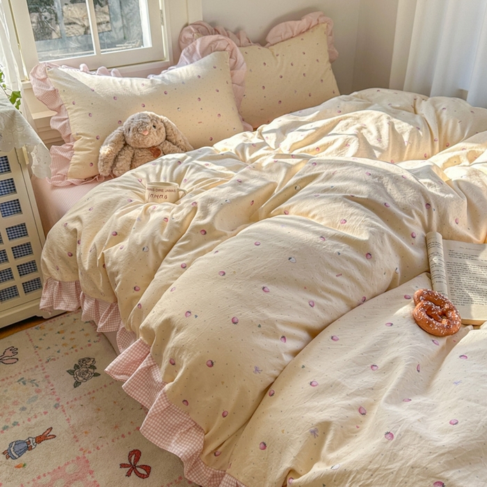 91家纺网 家纺一手货源 找家纺 柒月家居 2026新款韩系仿棉小格花边四件套 莓果