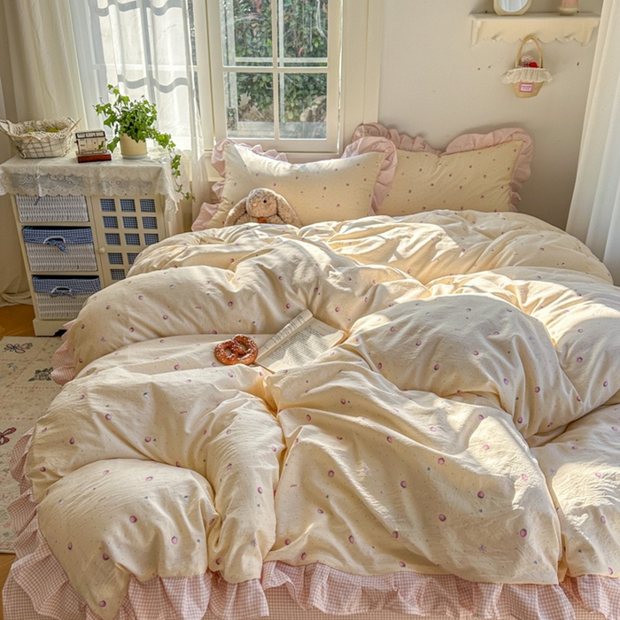 91家纺网 家纺一手货源 找家纺 柒月家居 2026新款韩系仿棉小格花边四件套 莓果