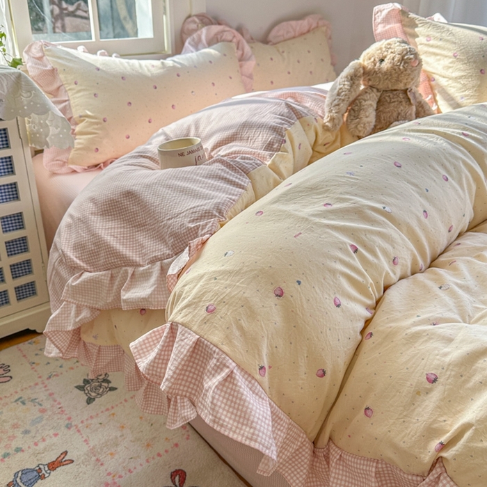 柒月家居 2026新款韩系仿棉小格花边四件套 莓果