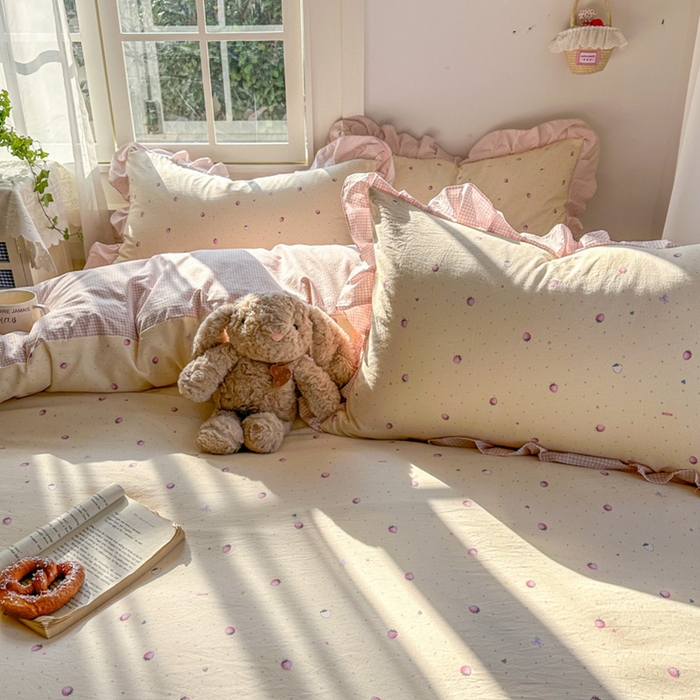 91家纺网 家纺一手货源 找家纺 柒月家居 2026新款韩系仿棉小格花边四件套 莓果