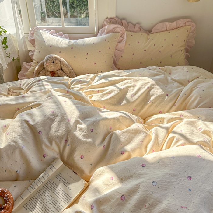 91家纺网 家纺一手货源 找家纺 柒月家居 2026新款韩系仿棉小格花边四件套 莓果