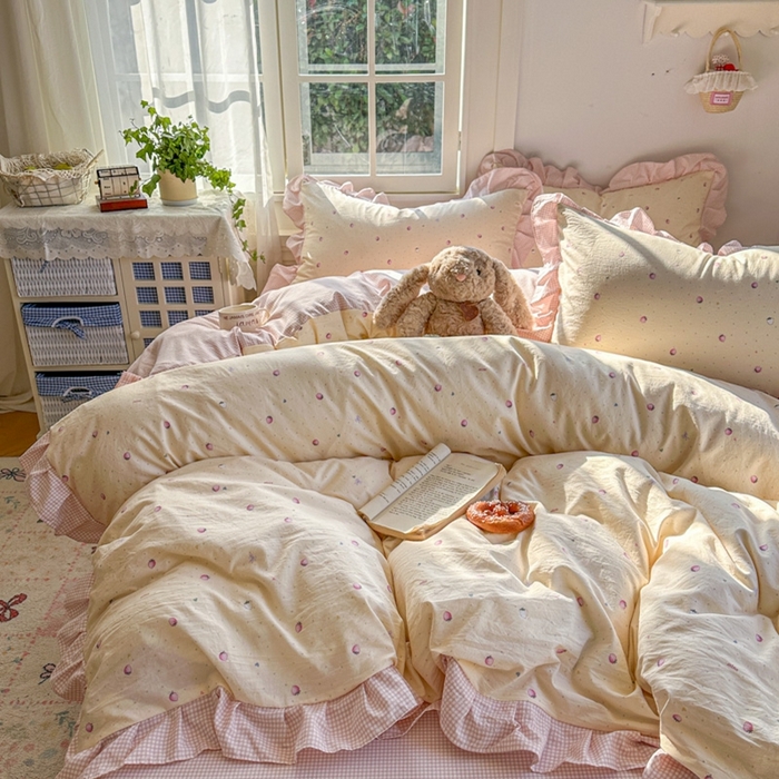 91家纺网 家纺一手货源 找家纺 柒月家居 2026新款韩系仿棉小格花边四件套 莓果