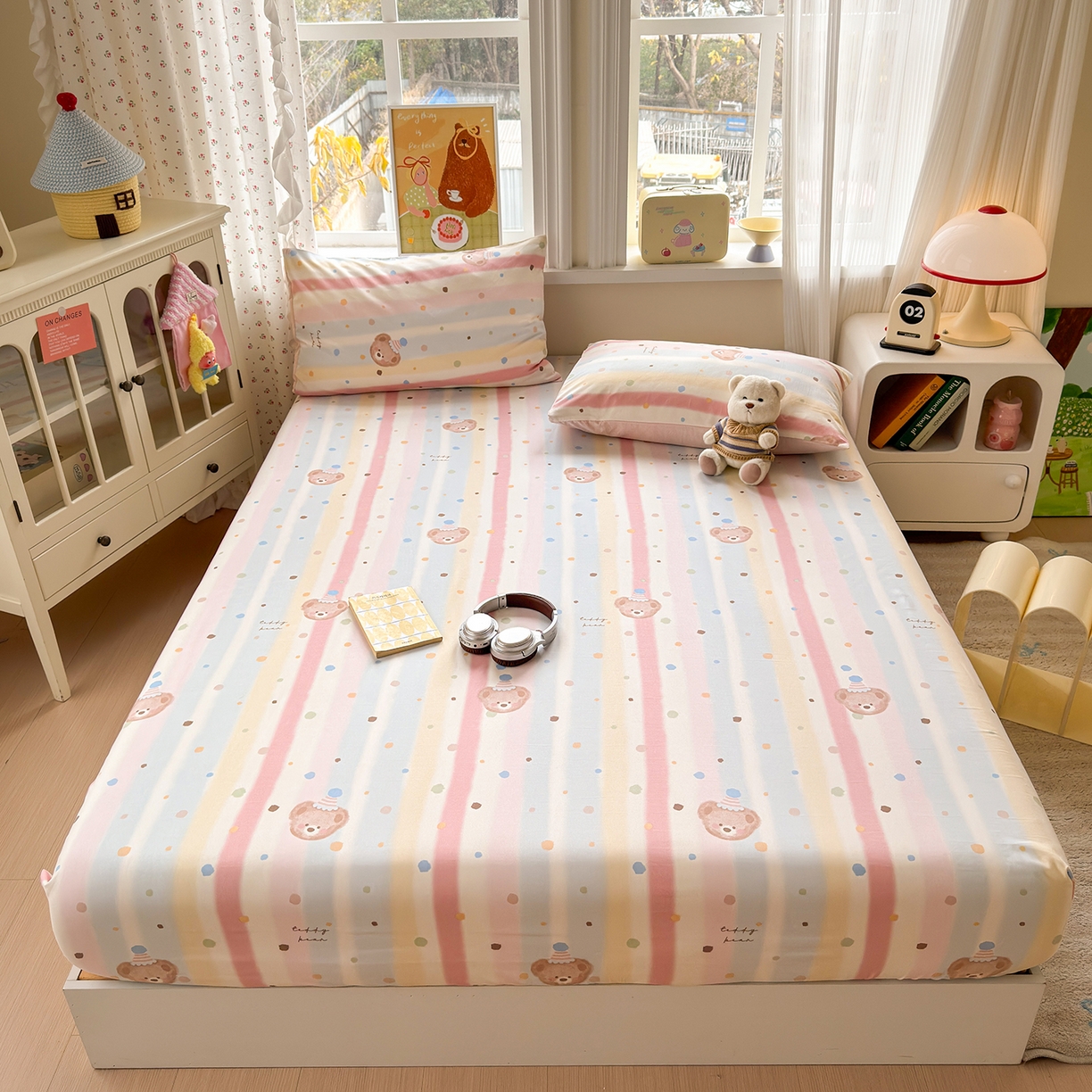 91家纺网 家纺一手货源 找家纺 沐芷 2026 【提供买家秀】古法水洗仿棉床笠席梦思床罩床垫防滑床套罩床笠三件套 暖意小熊