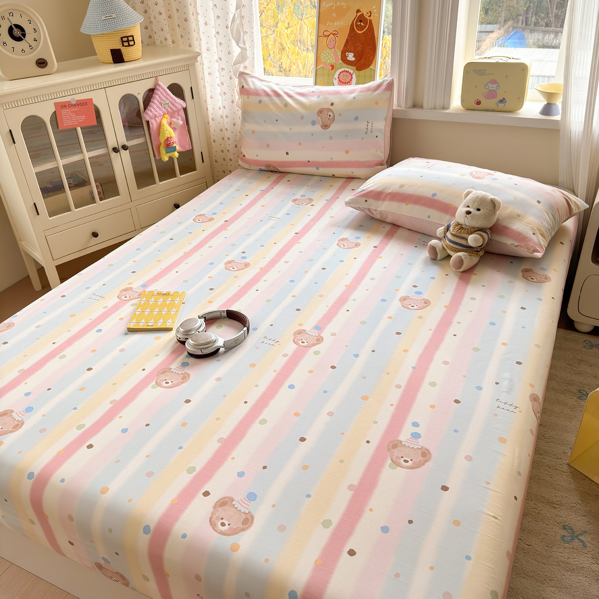 91家纺网 家纺一手货源 找家纺 沐芷 2026 【提供买家秀】古法水洗仿棉床笠席梦思床罩床垫防滑床套罩床笠三件套 暖意小熊