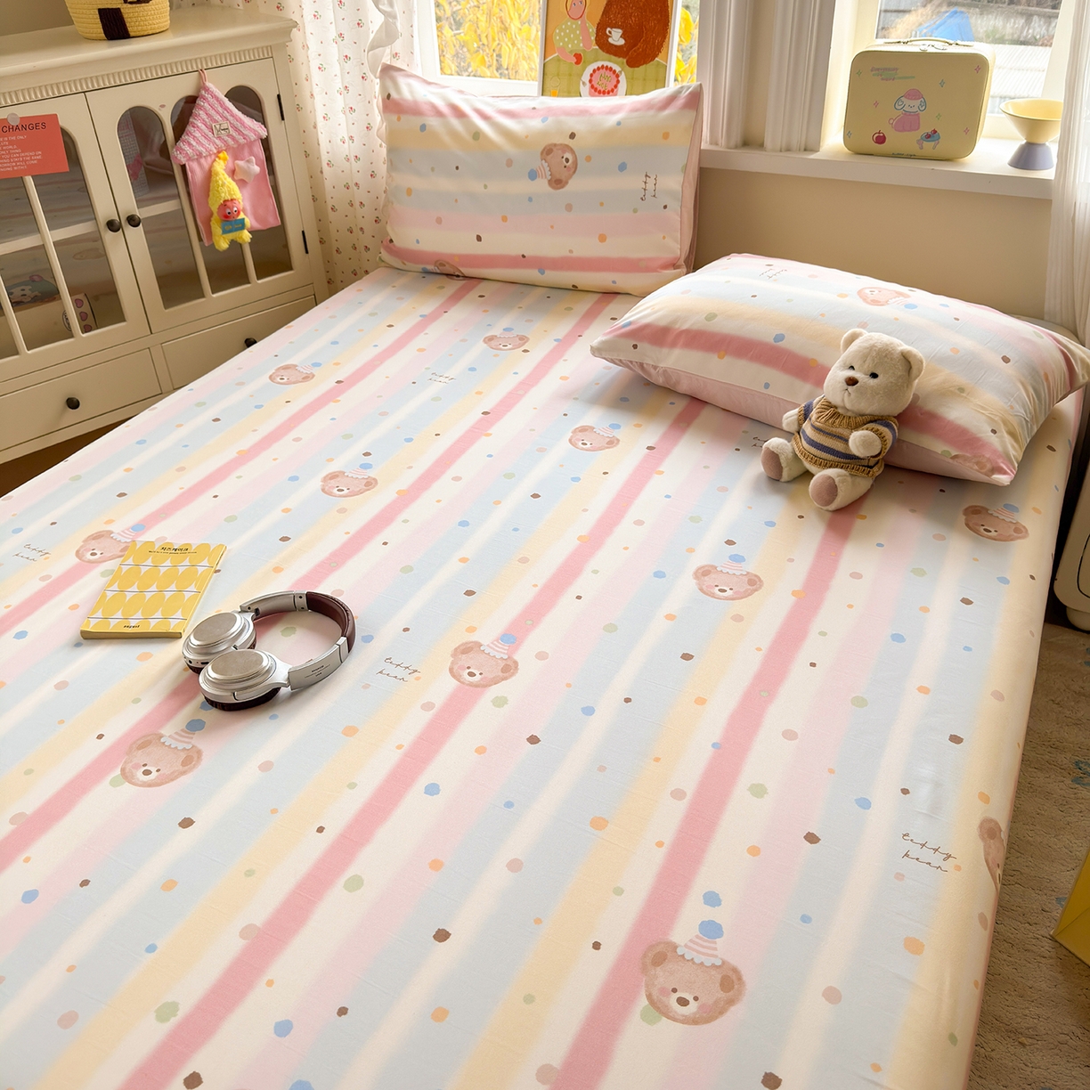 91家纺网 家纺一手货源 找家纺 沐芷 2026 【提供买家秀】古法水洗仿棉床笠席梦思床罩床垫防滑床套罩床笠三件套 暖意小熊