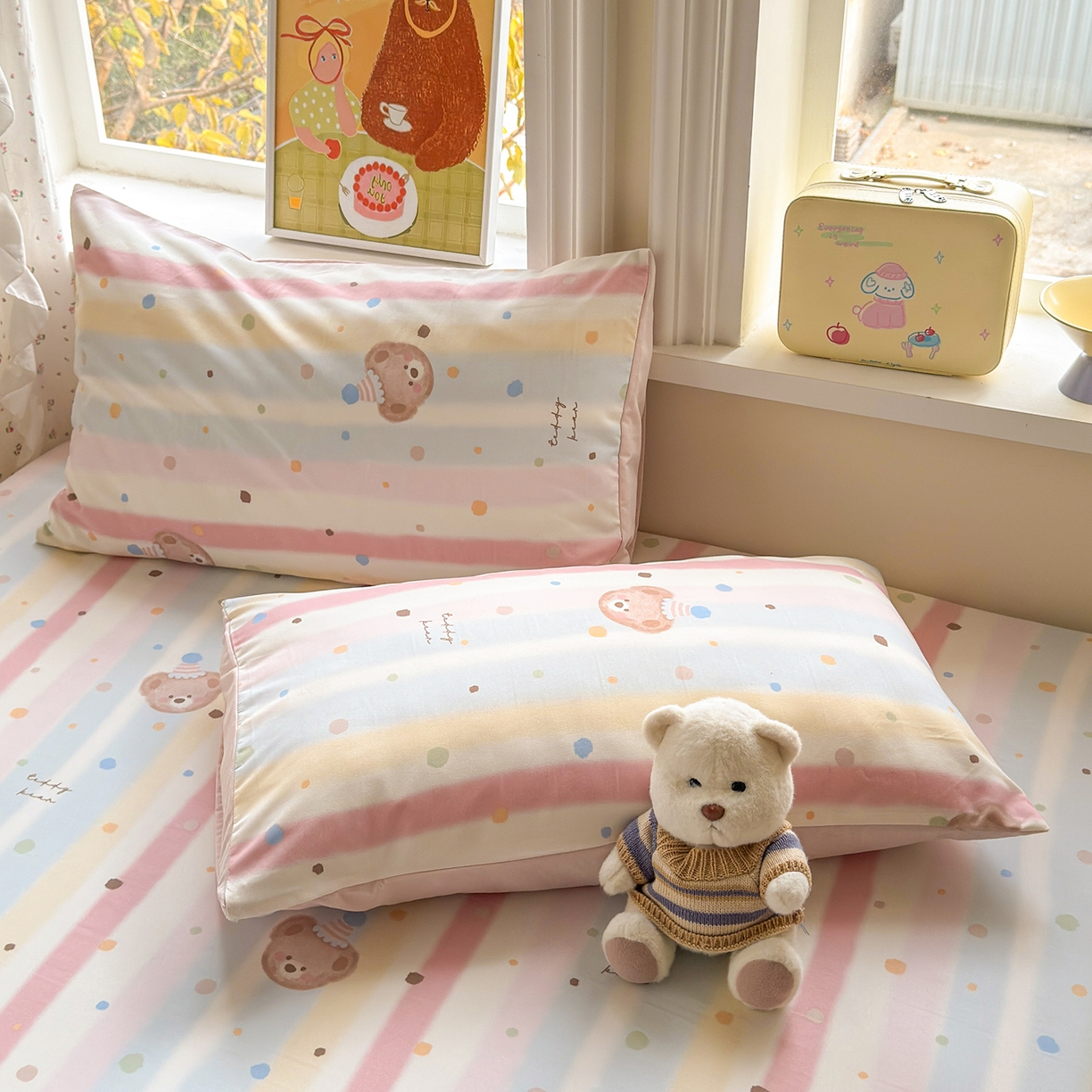 91家纺网 家纺一手货源 找家纺 沐芷 2026 【提供买家秀】古法水洗仿棉床笠席梦思床罩床垫防滑床套罩床笠三件套 暖意小熊