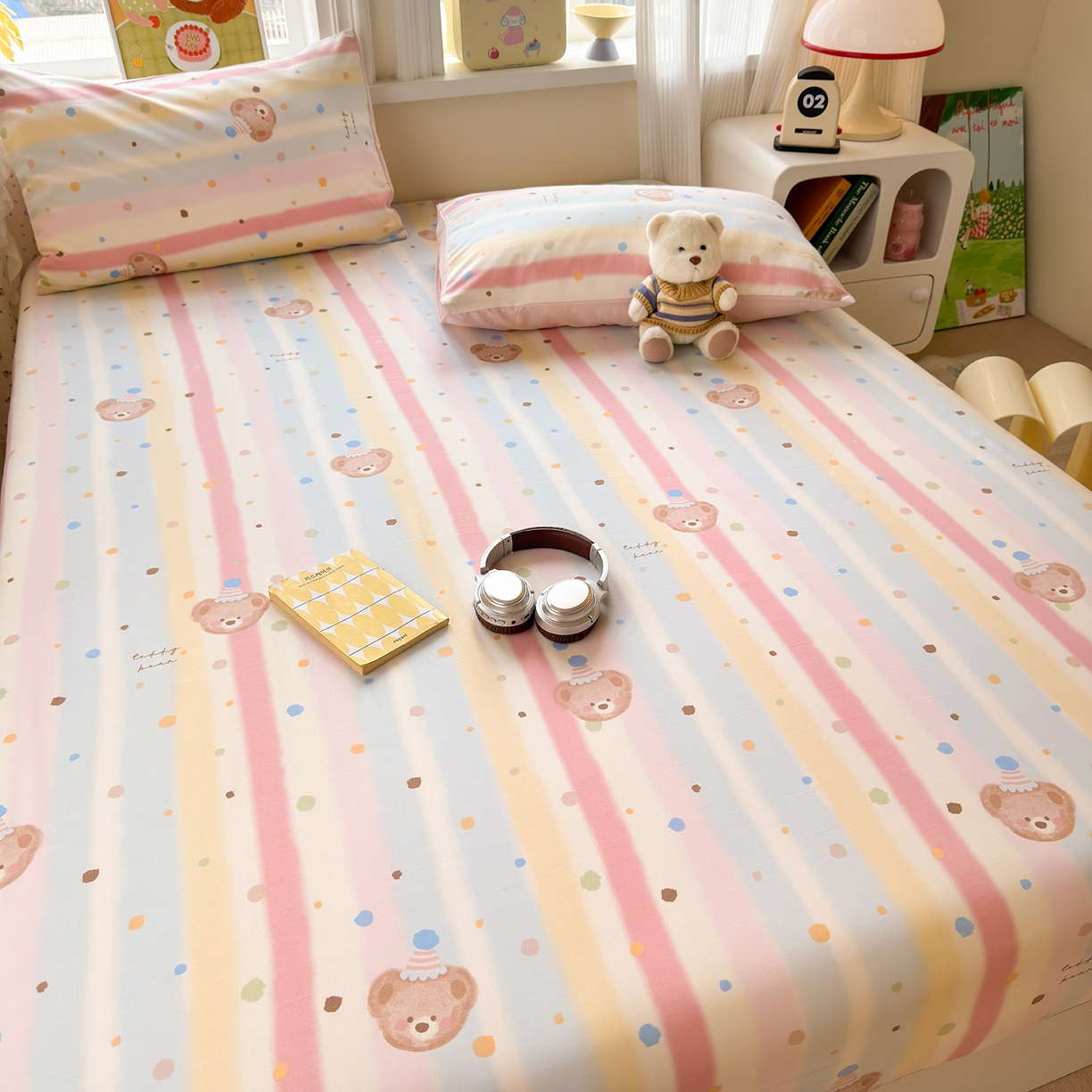 91家纺网 家纺一手货源 找家纺 沐芷 2026 【提供买家秀】古法水洗仿棉床笠席梦思床罩床垫防滑床套罩床笠三件套 暖意小熊