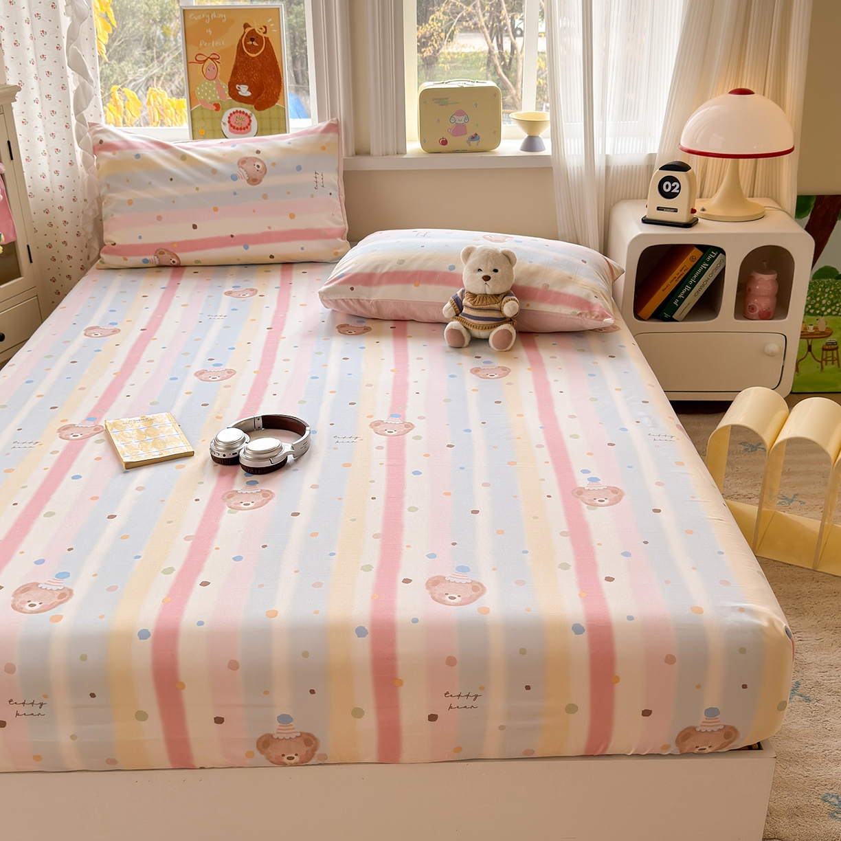 91家纺网 家纺一手货源 找家纺 沐芷 2026 【提供买家秀】古法水洗仿棉床笠席梦思床罩床垫防滑床套罩床笠三件套 暖意小熊